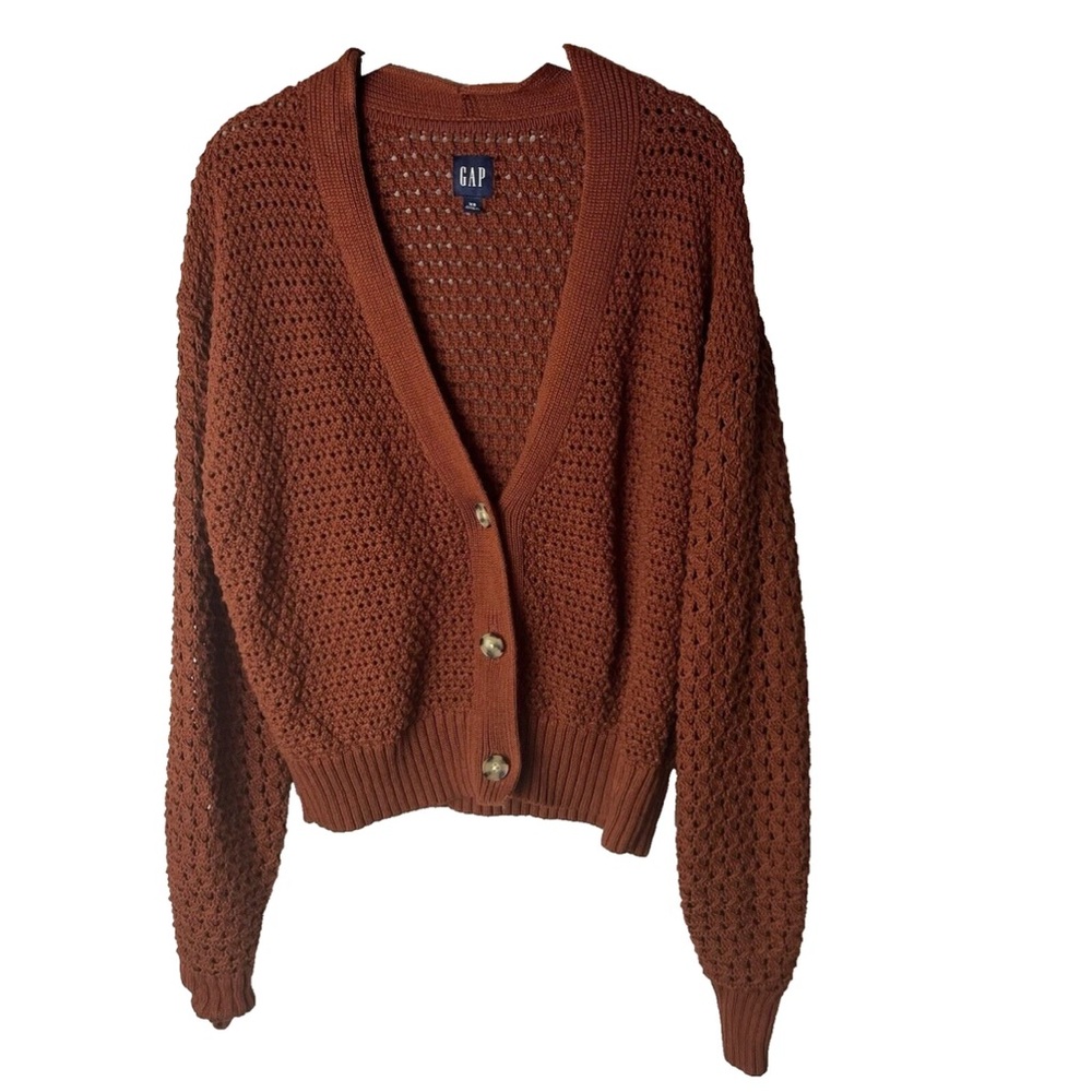 GAP Women's Cardigan Sweater Size XS Burnt Orange Open Weave Cotton Casual Work